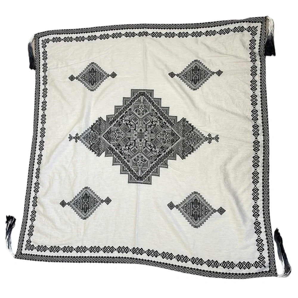 World Market 40” square scarf wrap with tassels. Off white & black. New with tag